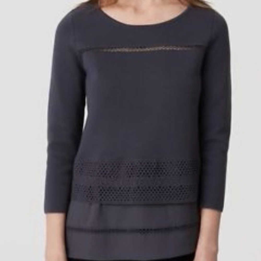 LOFT Charcoal Knit Top with Crochet Detail